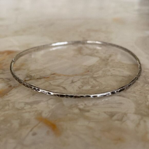 925 Sterling Silver Handcrafted Engraved Date Bangle Bracelet, Hammered, Skinny - Picture 3 of 9